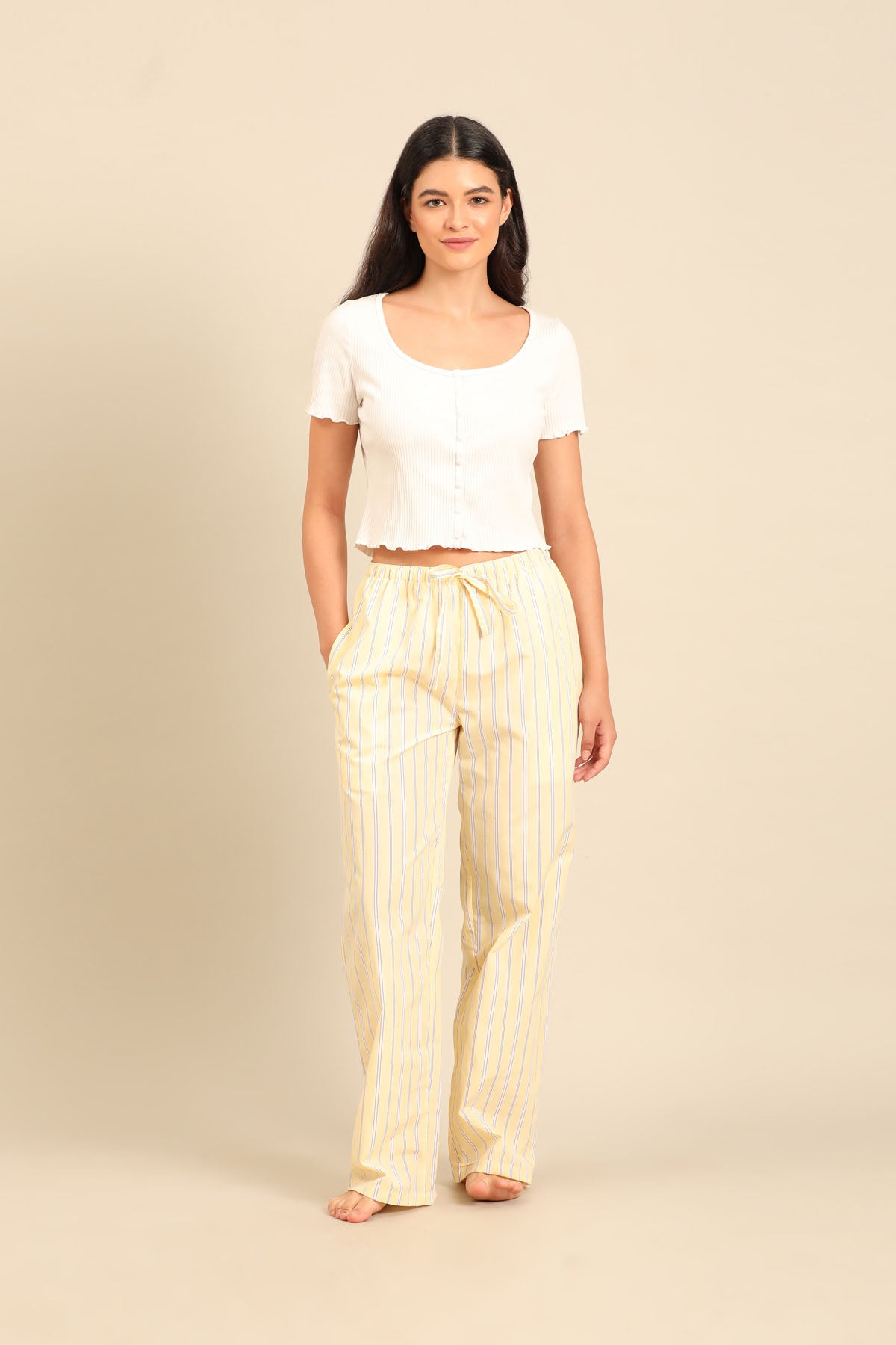 Butter Yellow Stripe Cotton Blend Women's Pajama Only