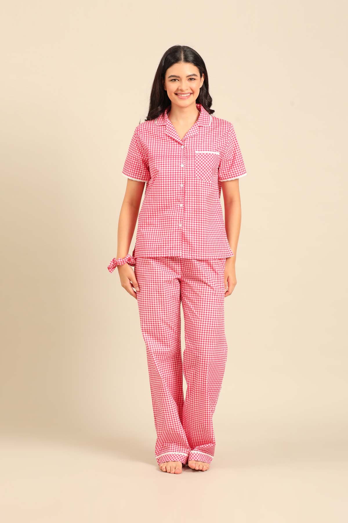 Red Gingham Check Cotton Blend Women's Pajama Set - Half Sleeves
