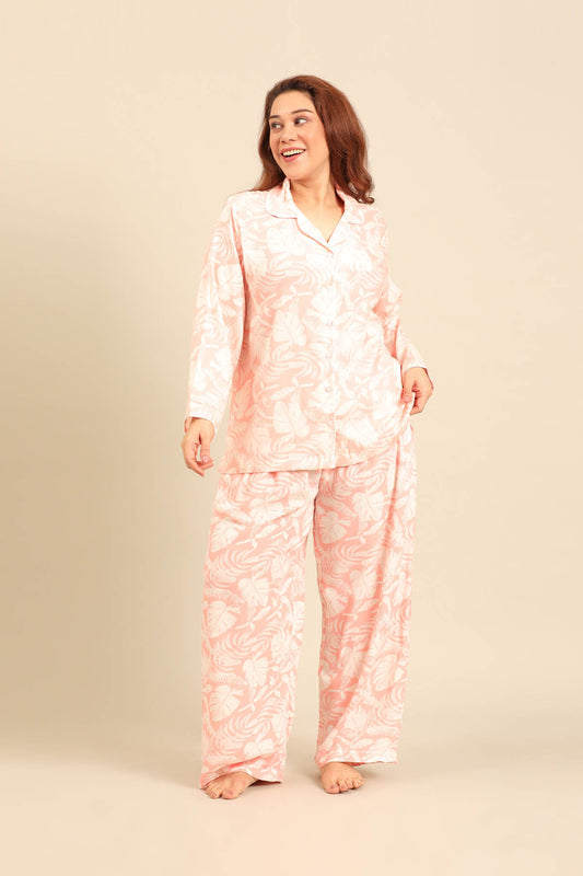 Layla Floral Viscose Women's Curve Pajama Set - Full Sleeves