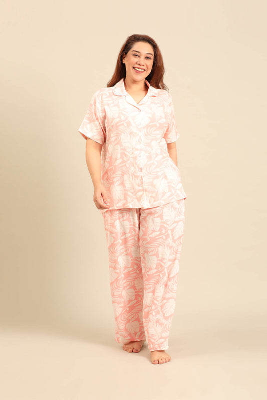 Layla Floral Viscose Women's Curve Pajama Set - Half Sleeves