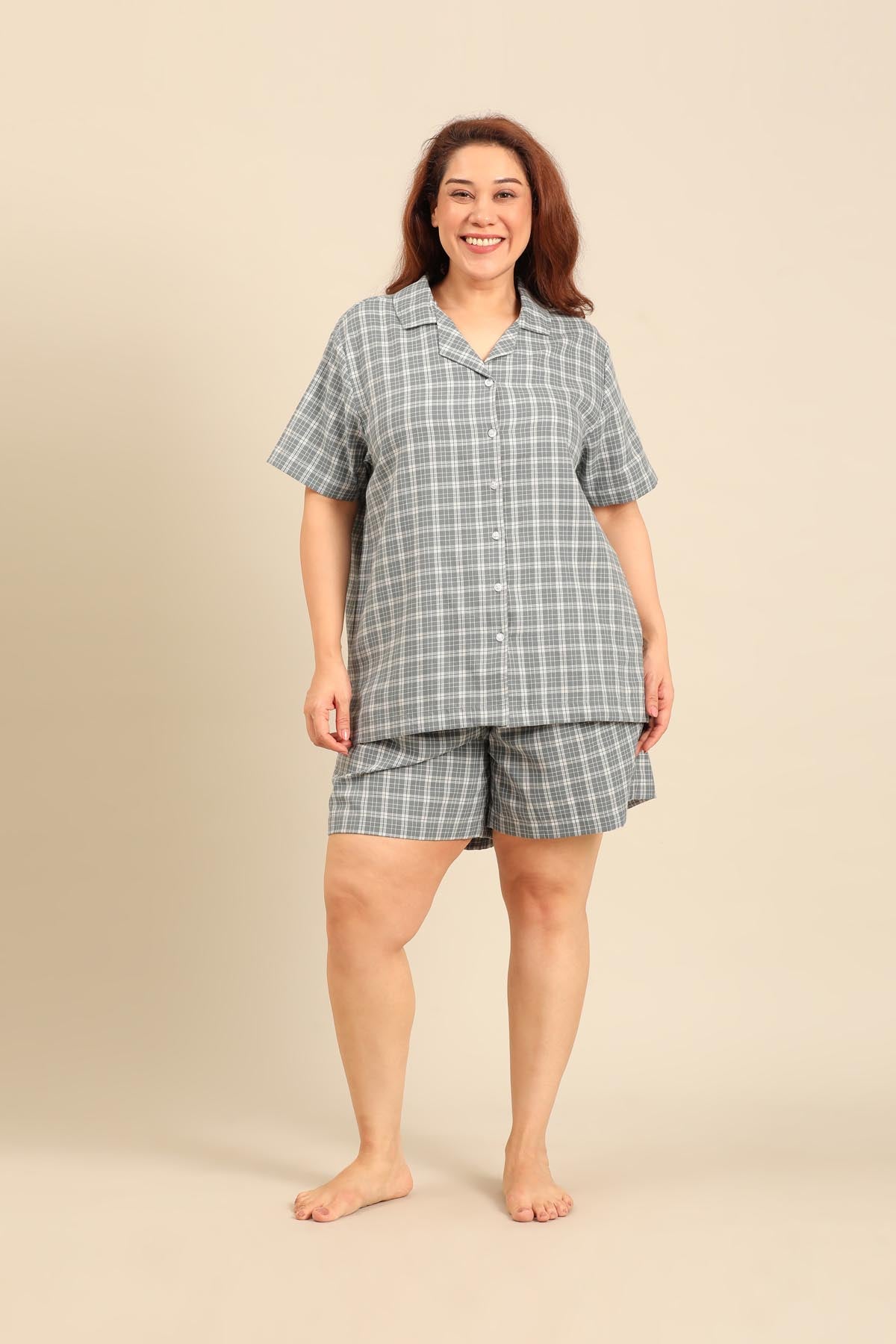 Dusty Blue Check Cotton Twill Women's Curve Shorts Set - Half Sleeves