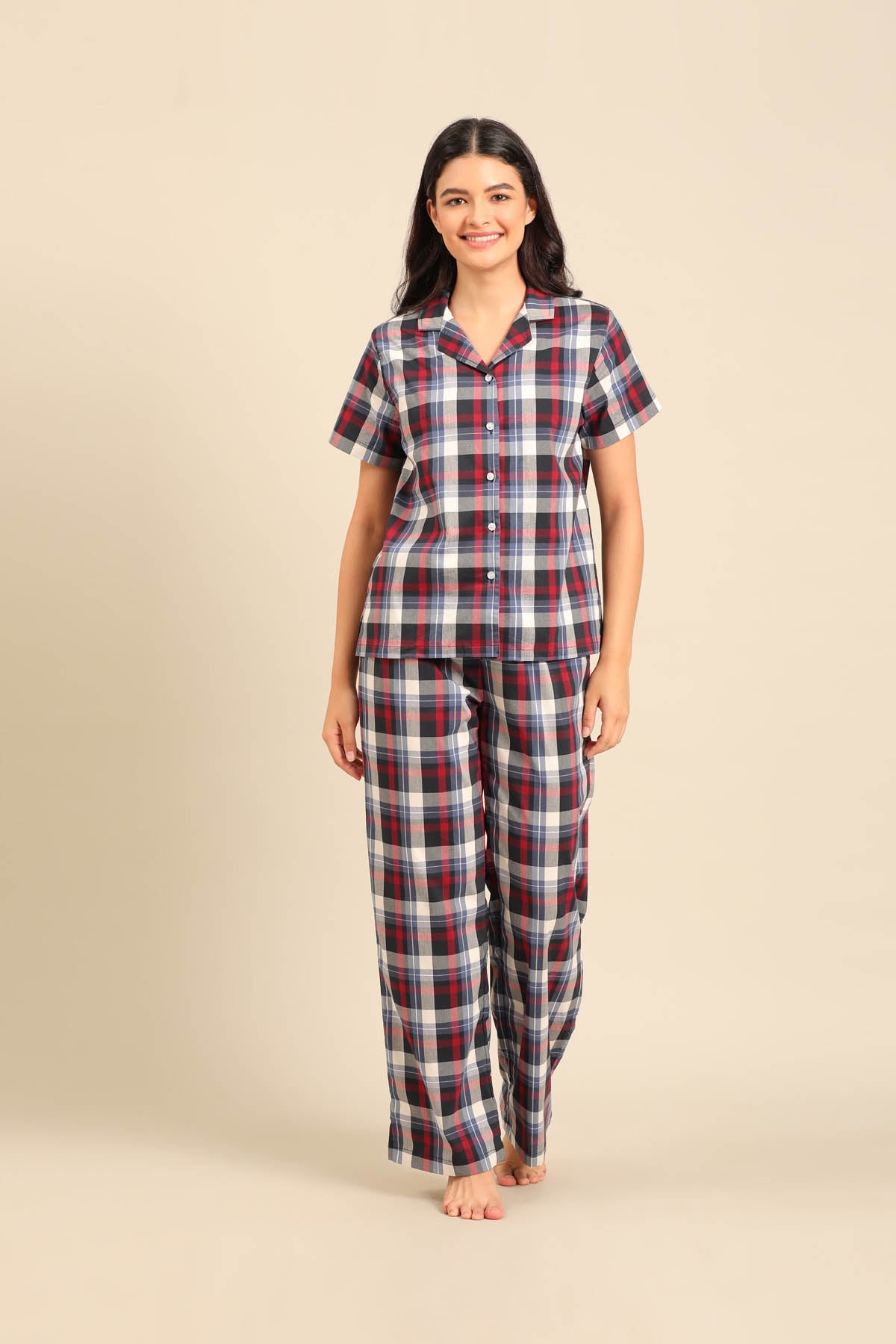 Leah Check Cotton Women's Pajama Set - Half Sleeves