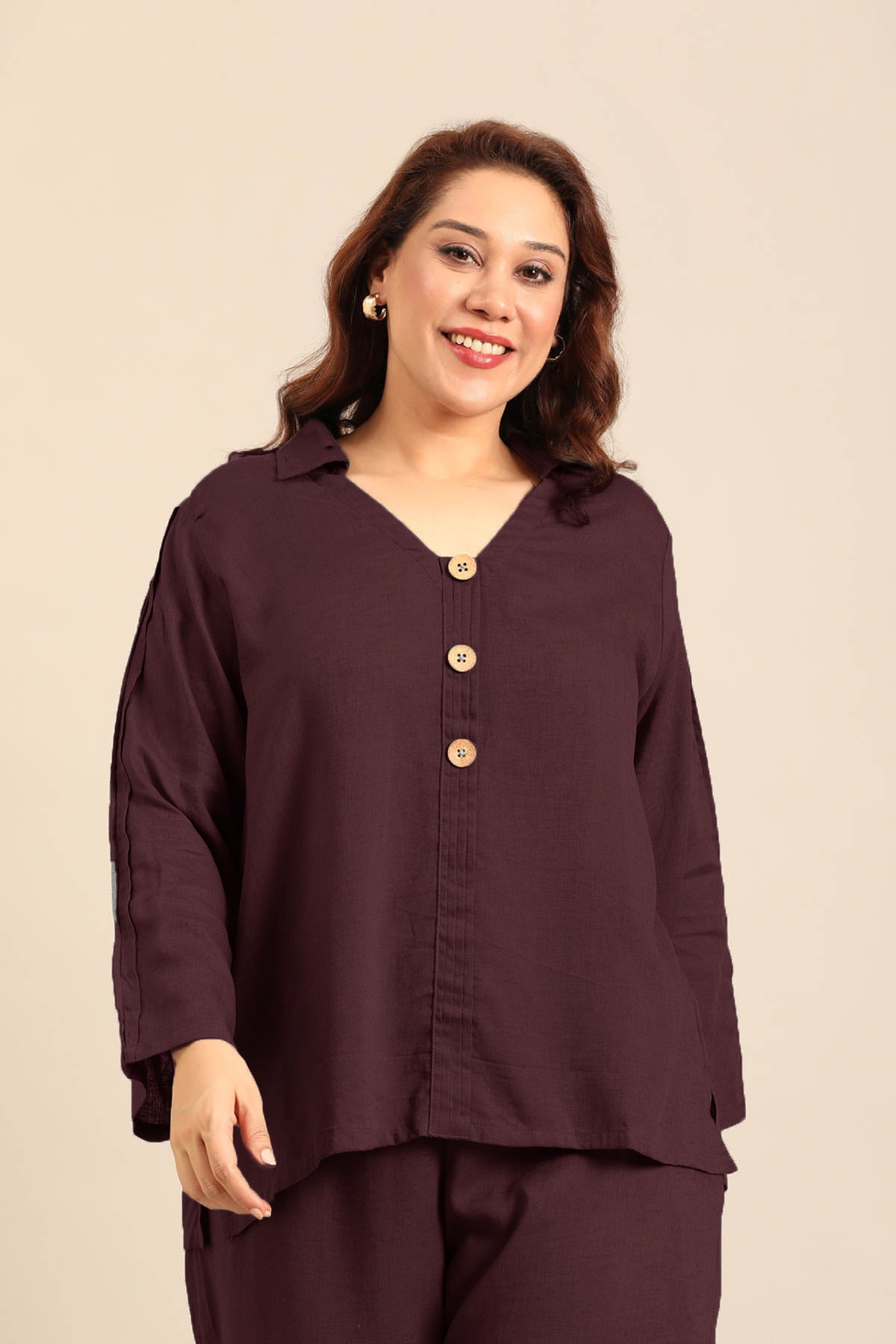 Kylie Wine Linen Blend Women's Co-ord Set