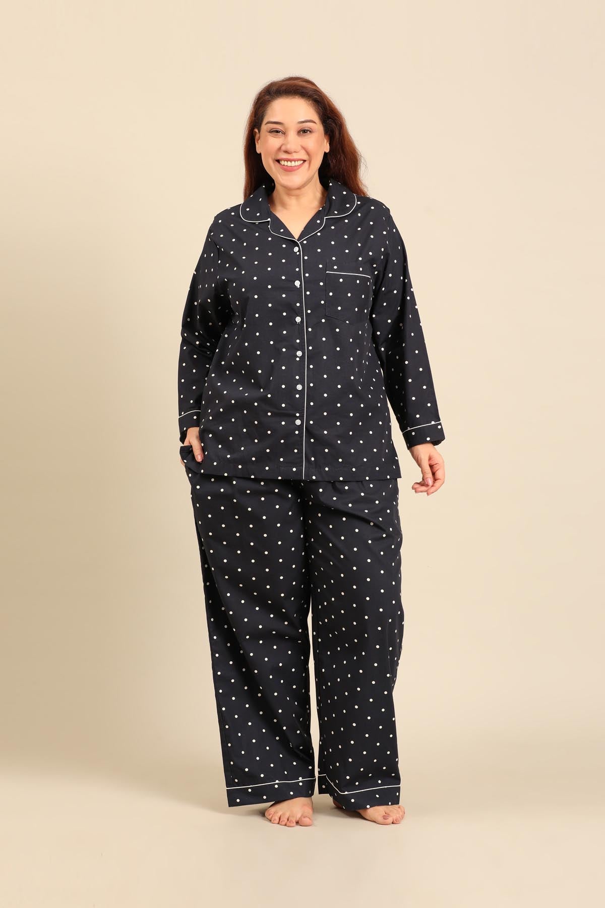 Navy Polka Cotton Blend Women's Curve Pajama Set - Full Sleeves