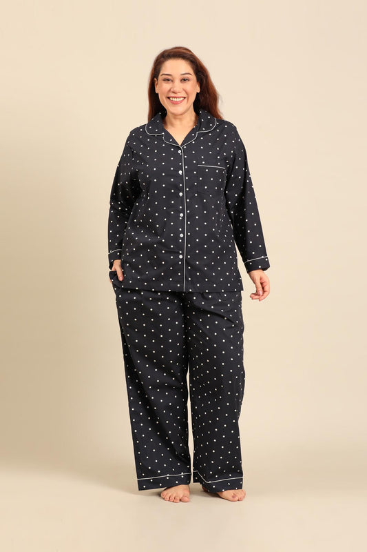 Navy Polka Cotton Blend Women's Curve Pajama Set - Full Sleeves