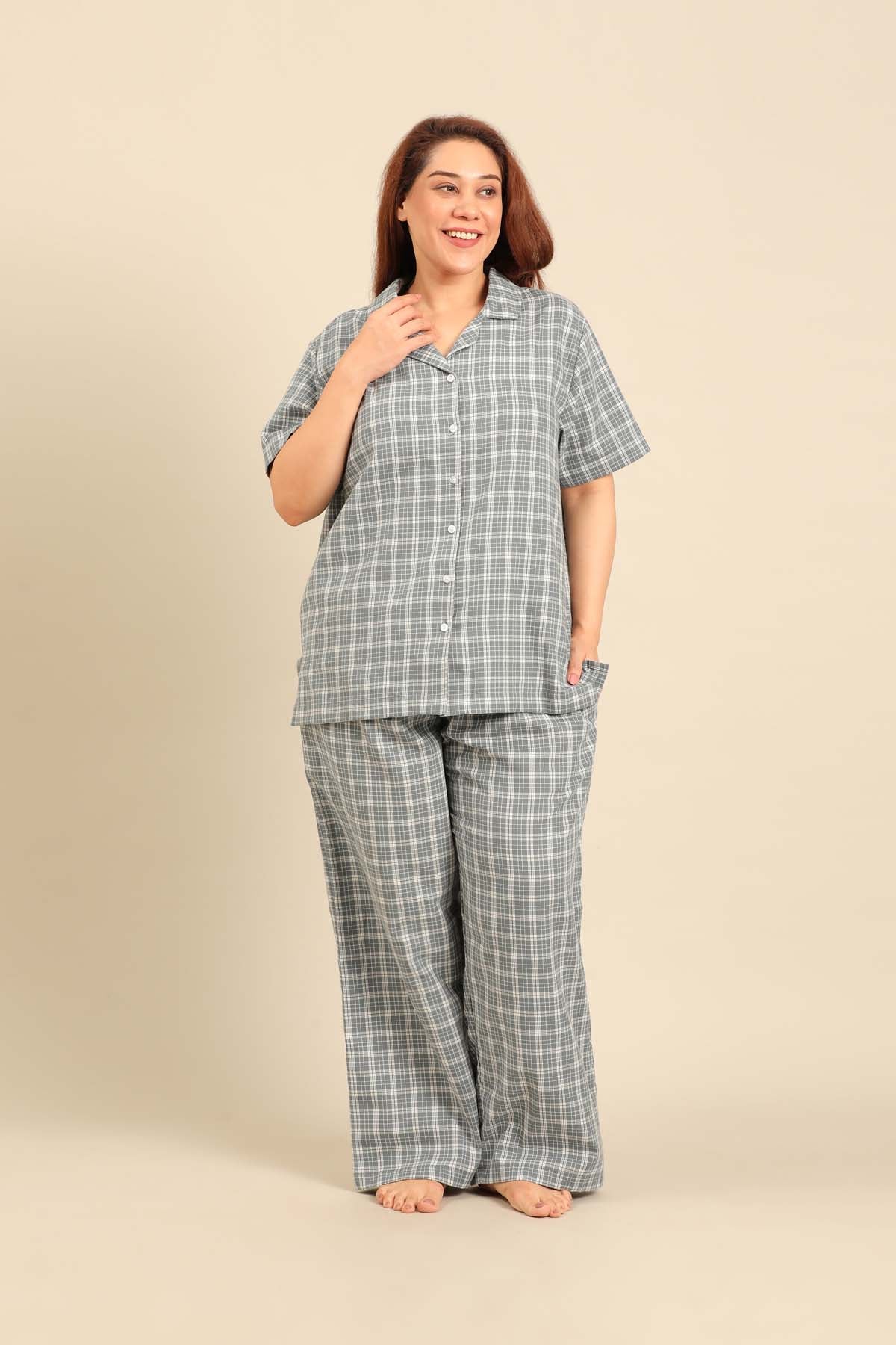 Dusty Blue Check Cotton Twill Women's Curve Pajama Set - Half Sleeves