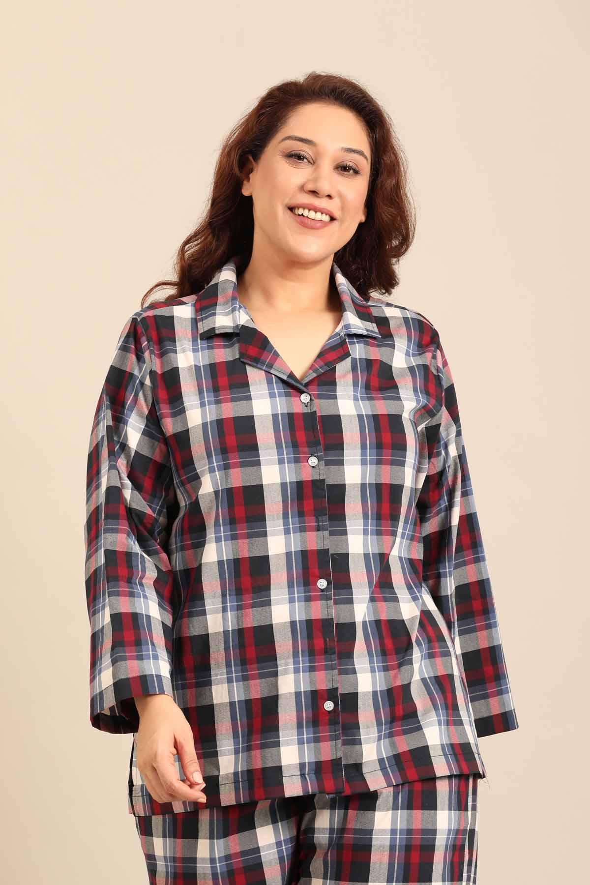Leah Check Cotton Blend Women's Curve Shirt Only - Full Sleeves