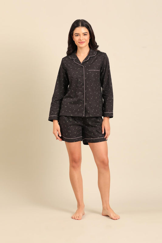 Margot Floral Cotton Women's Shorts Set - Full Sleeves