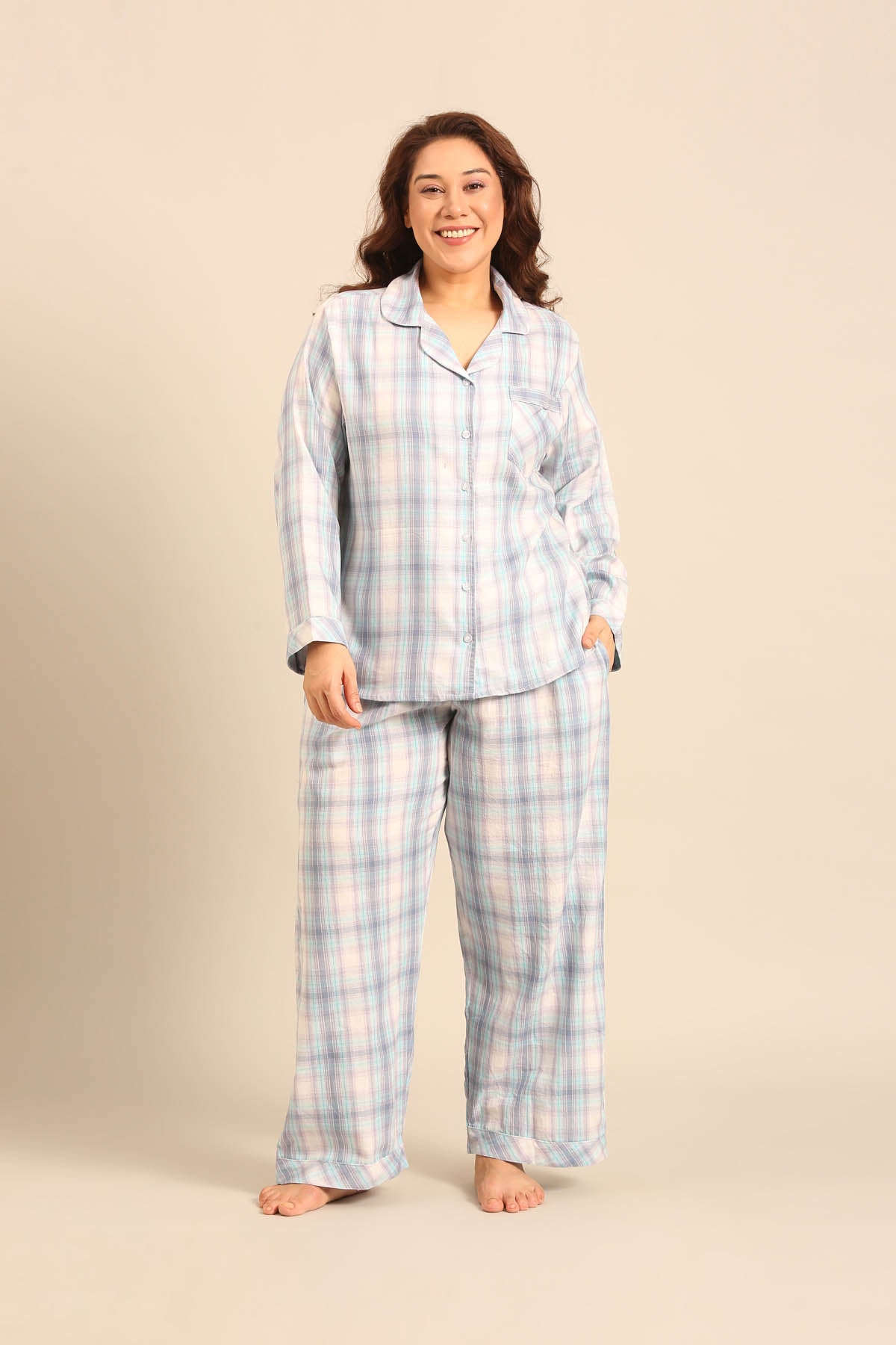 Serena Check Cotton Women's Curve Pajama Set - Full Sleeves