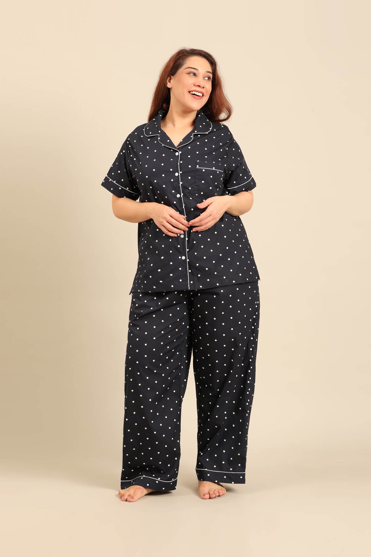 Navy Polka Cotton Blend Women's Curve Pajama Set - Half Sleeves