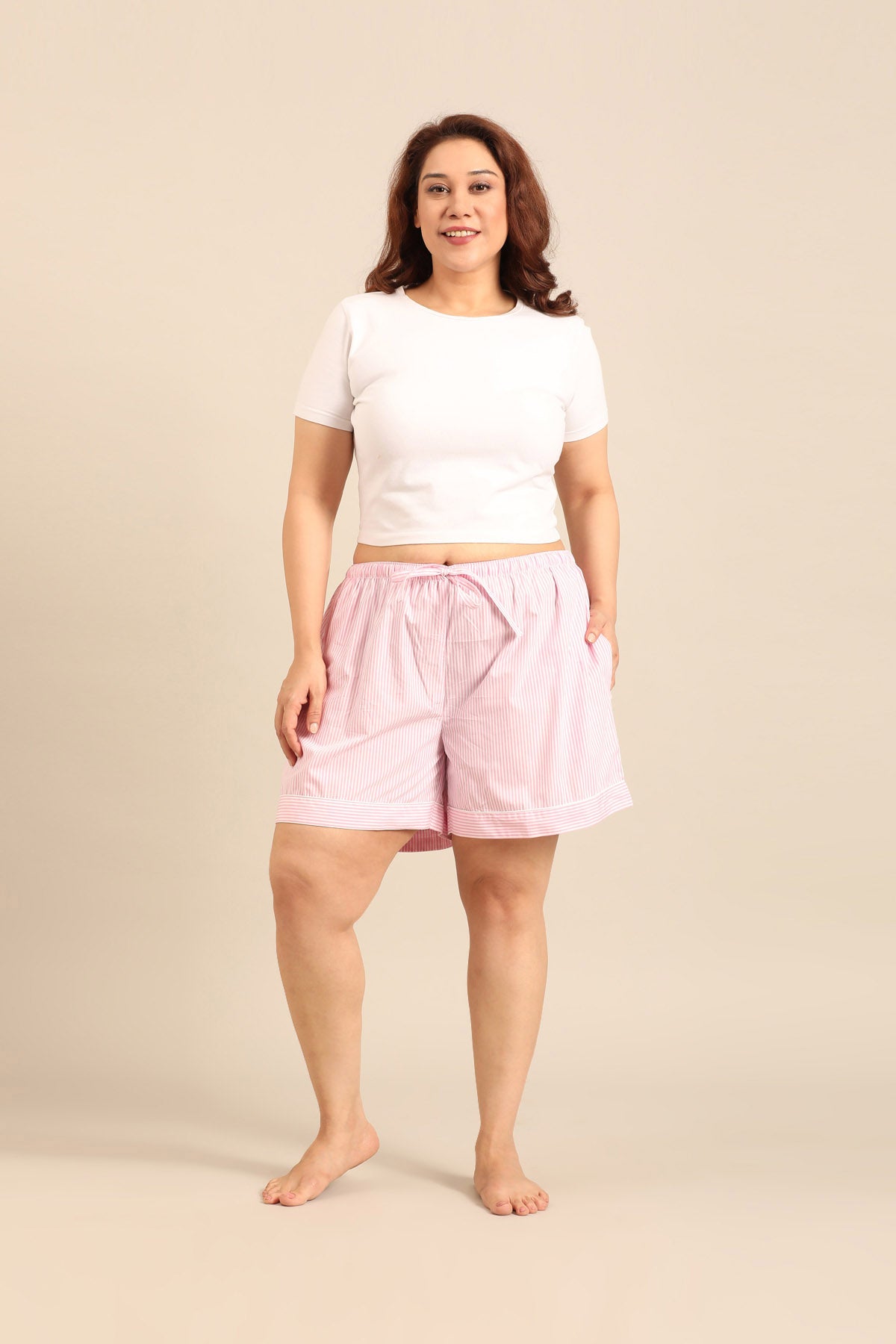 Bianca Pink Pinstripe Cotton Women's Curve Shorts Only