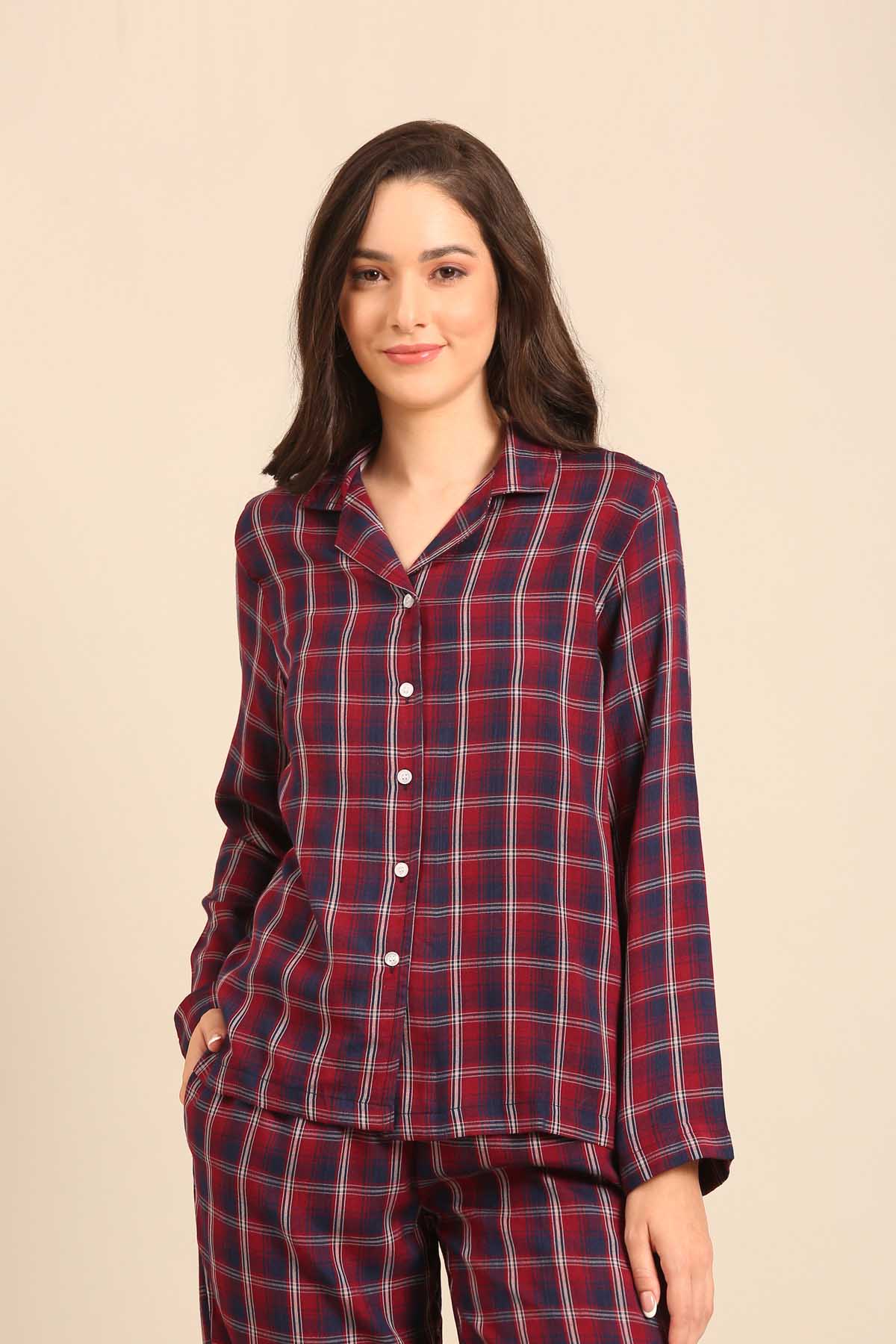 Ruby Check Cotton Women's Pajama Set- Full Sleeves