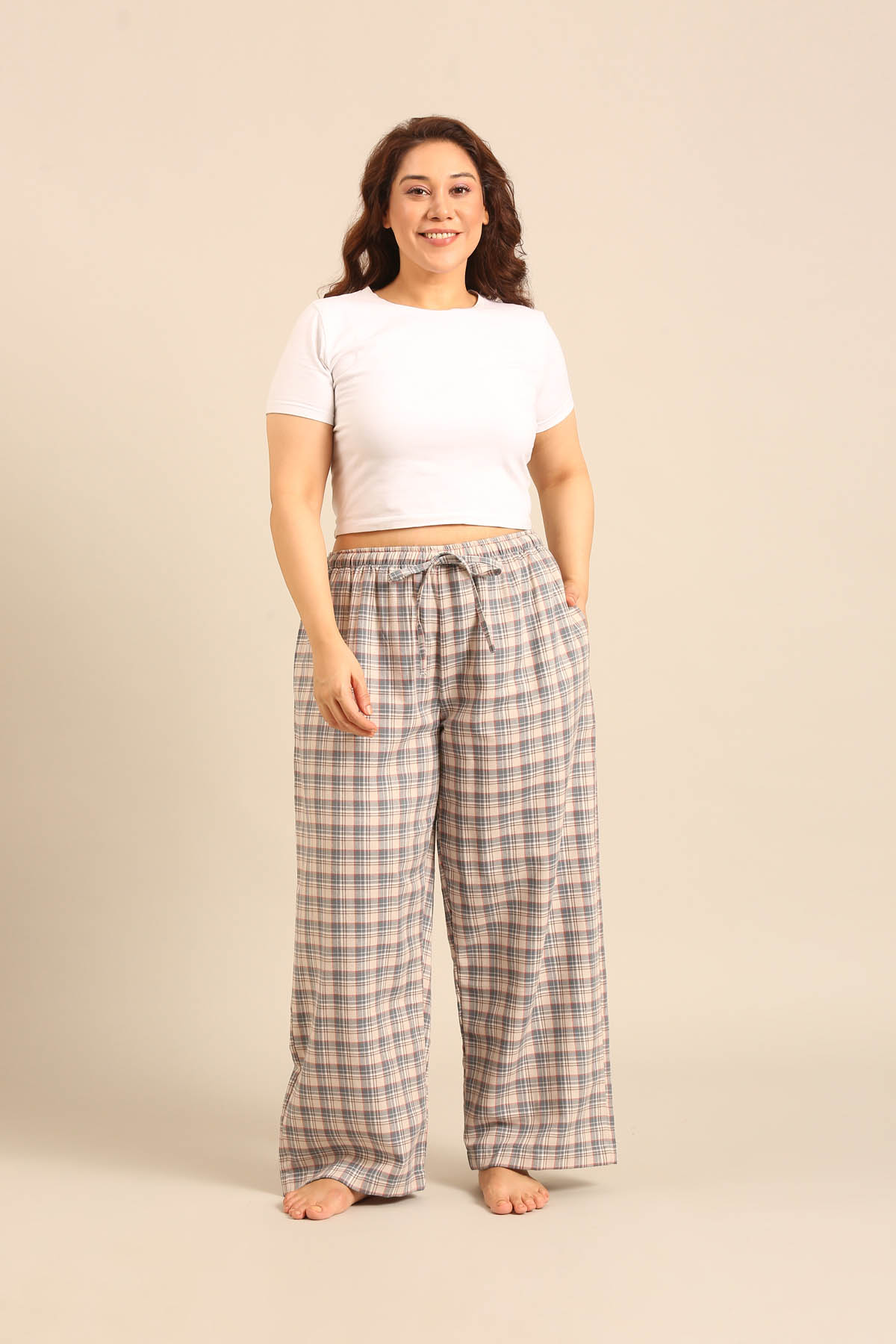 Beige Plaid Cotton Women's Curve Pajama Only
