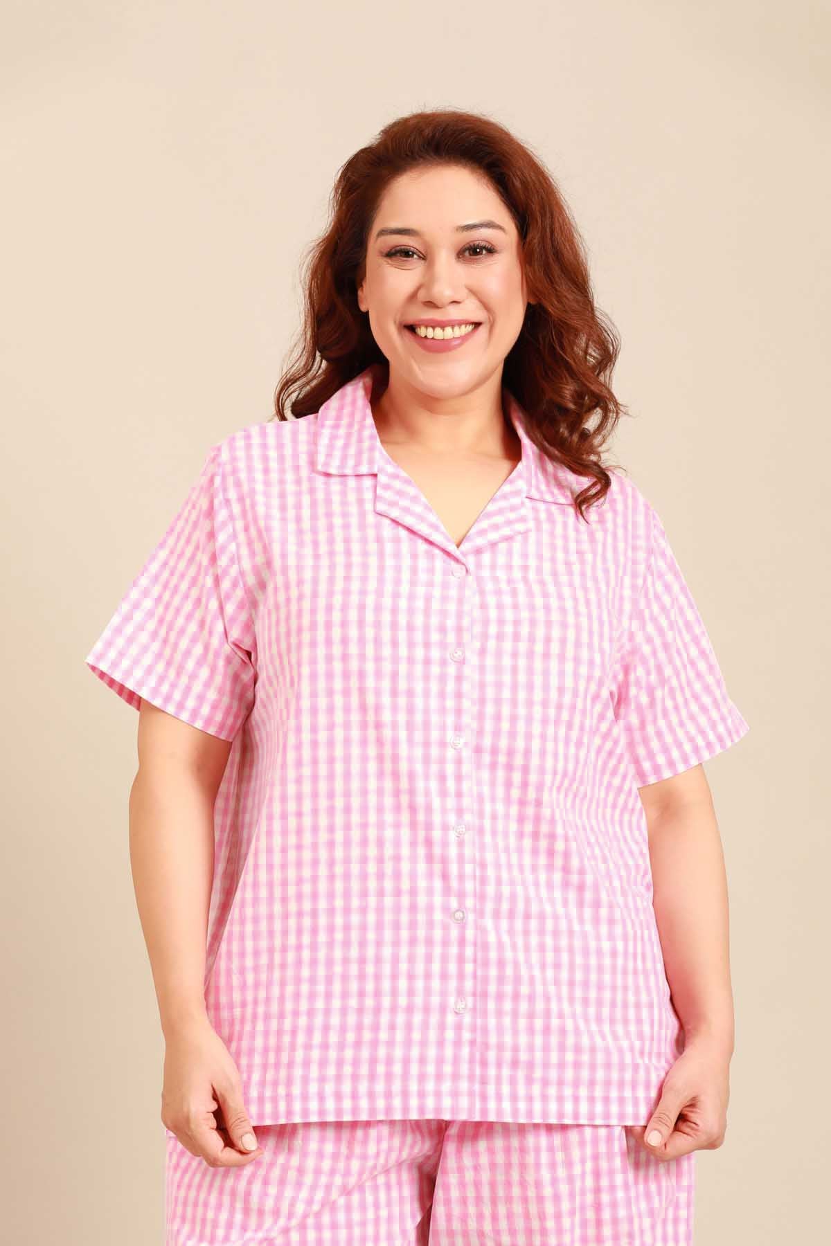 Stella Gingham Check Cotton Women's Curve Shirt Only - Half Sleeves