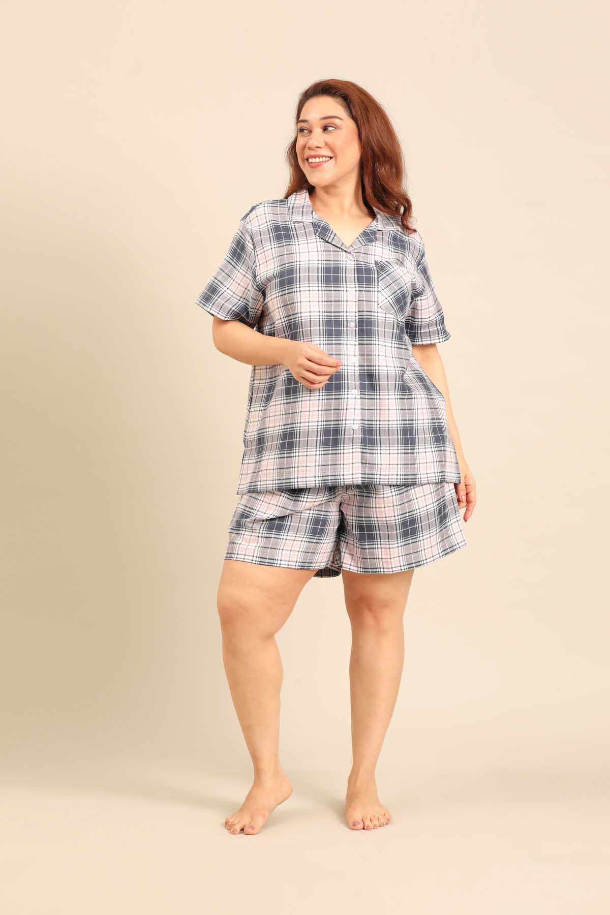 Maisie Check Cotton Twill Women's Curve Shorts Set - Half Sleeves