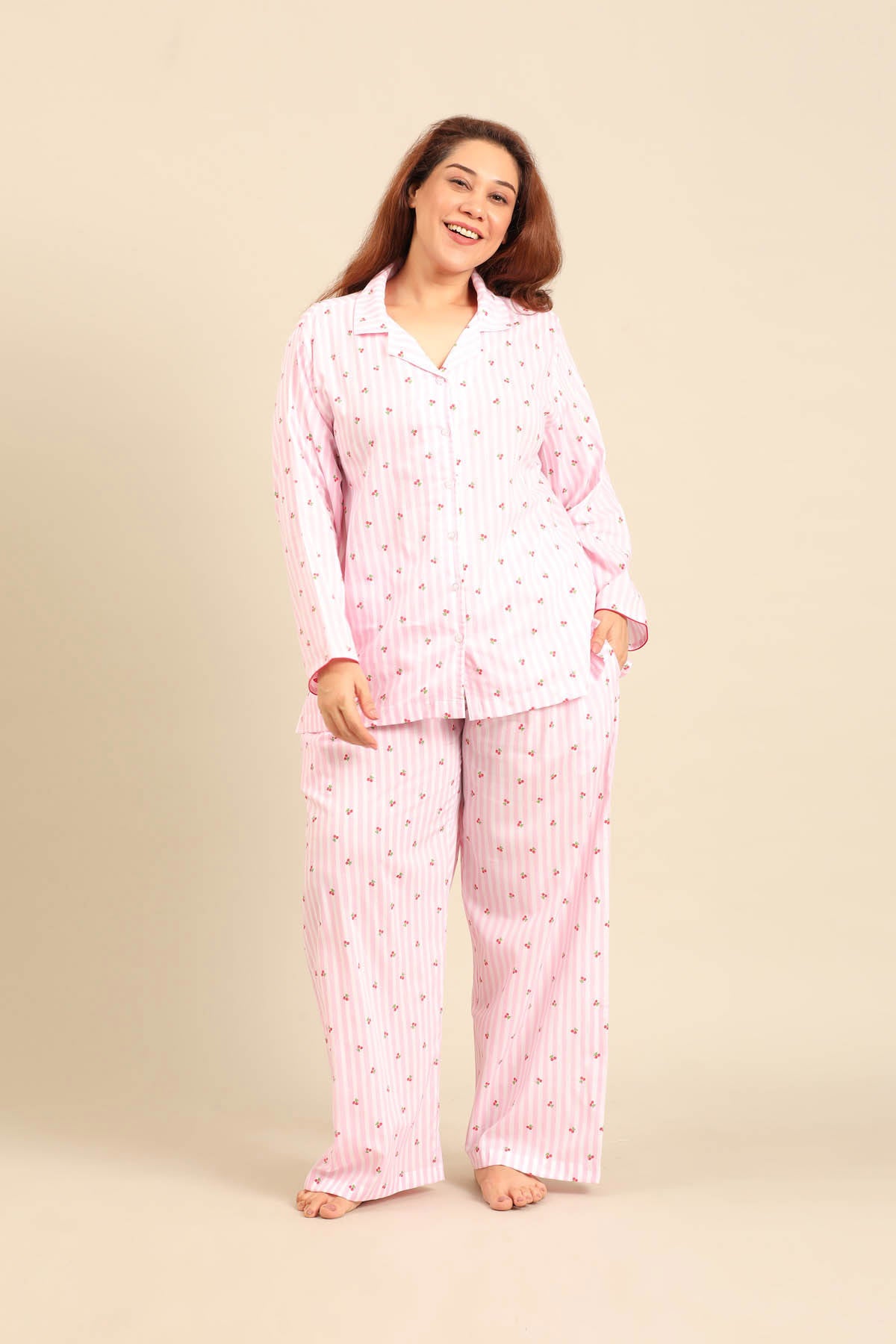 Cherry Stripe Cotton Women's Curve Pajama Set - Full Sleeves