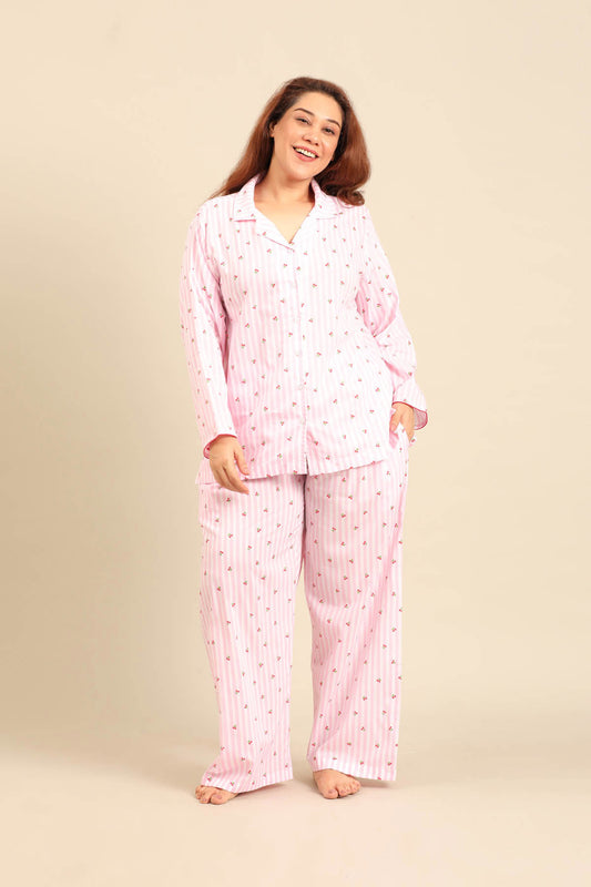 Cherry Stripe Cotton Women's Curve Pajama Set - Full Sleeves