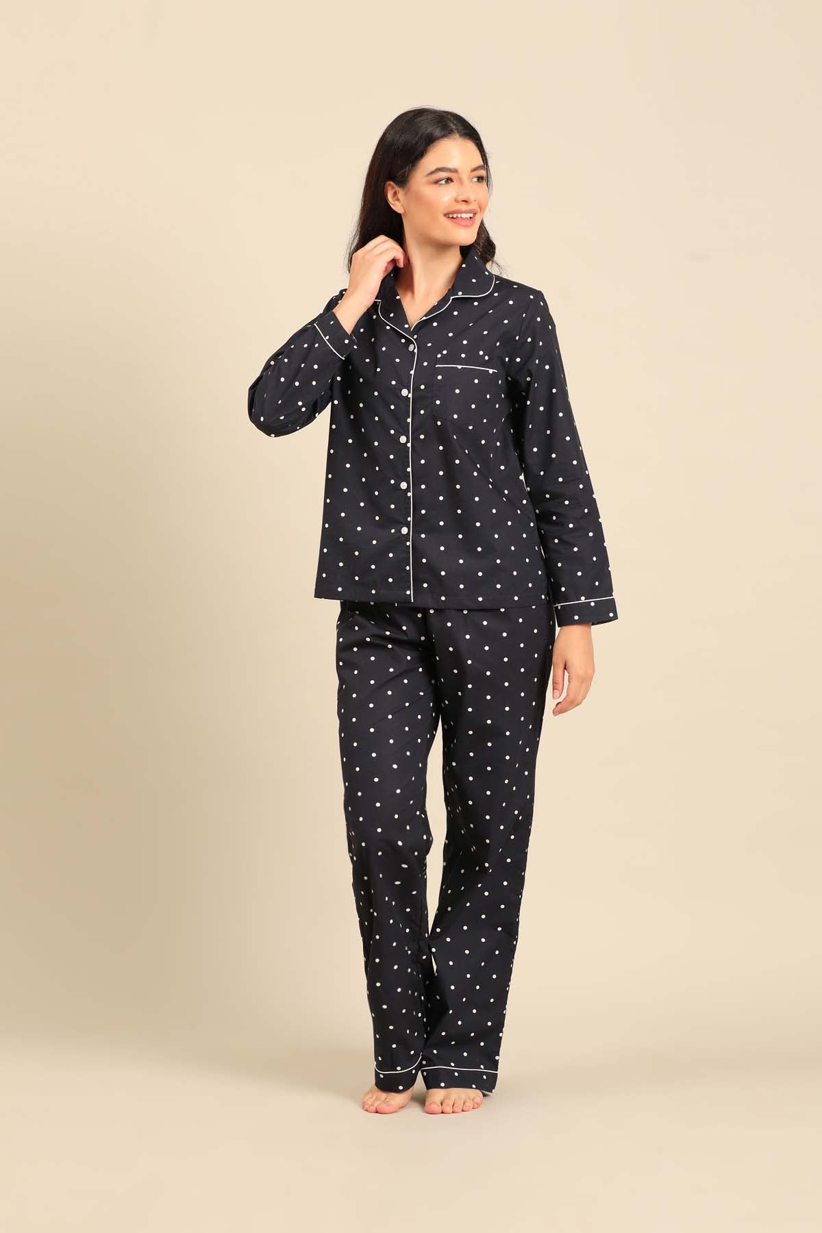 Navy Polka Cotton Blend Women's Pajama Set - Full Sleeves