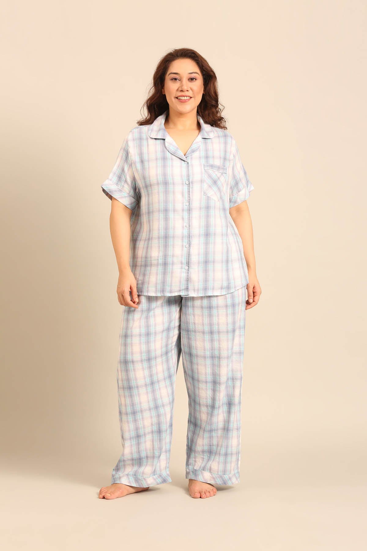 Serena Check Cotton Women's Curve Shirt Only - Half Sleeves