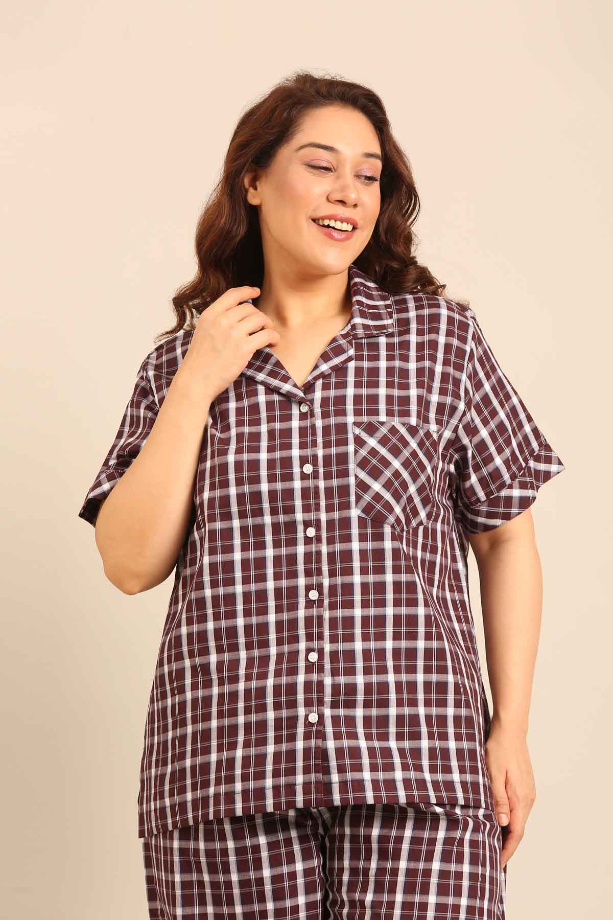 Edith Plaid Cotton Women's Curve Shirt Only - Half Sleeves