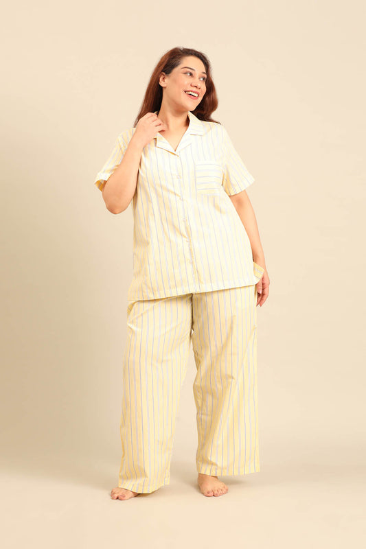 Butter Yellow Stripe Cotton Blend Women's Curve Pajama Set - Half Sleeves