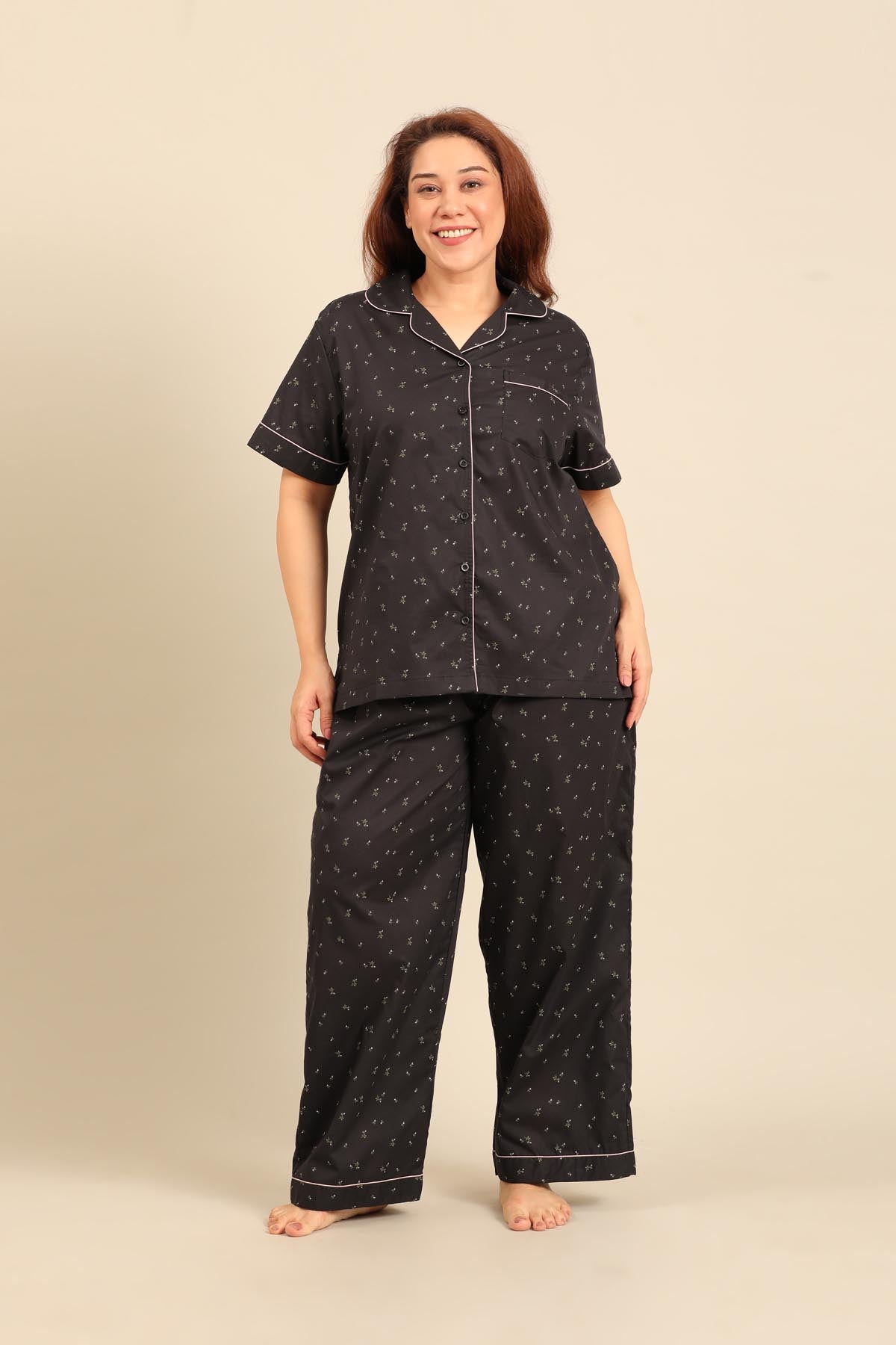 Margot Floral Cotton Women's Curve Pajama Set - Half Sleeves