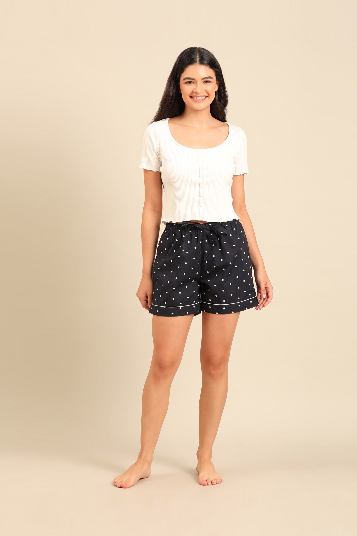 Navy Polka Cotton Blend Women's Shorts Only