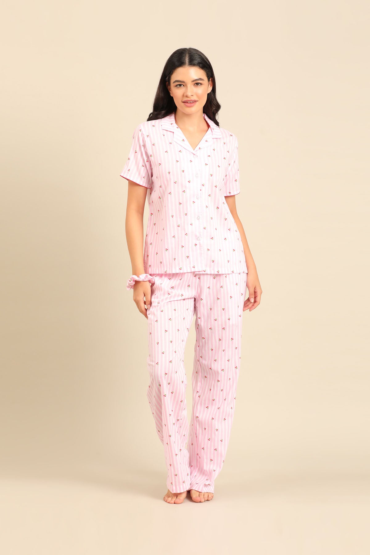 Cherry Stripe Cotton Women's Pajama Set - Half Sleeves
