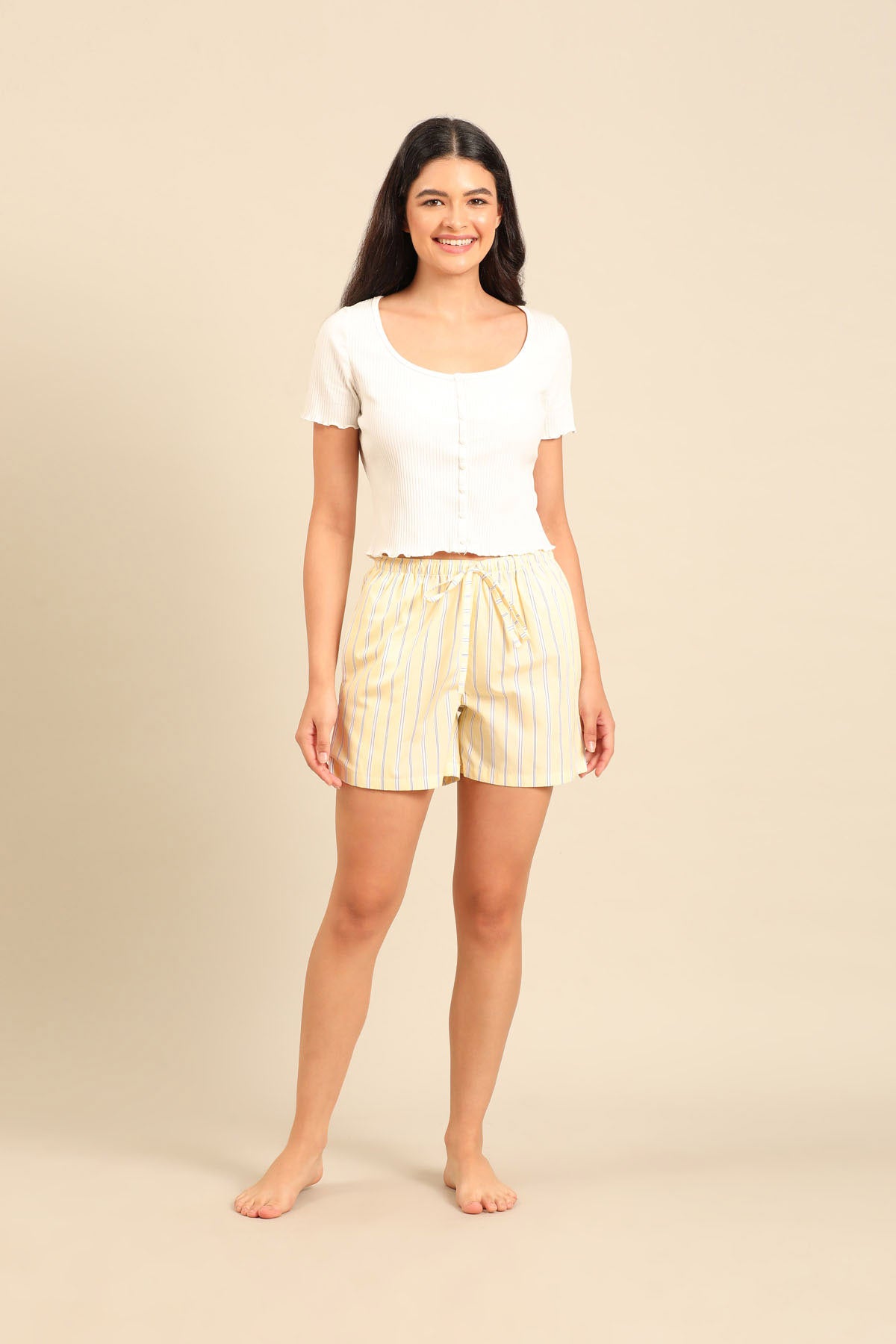 Butter Yellow Stripe Cotton Blend Women's Shorts Only