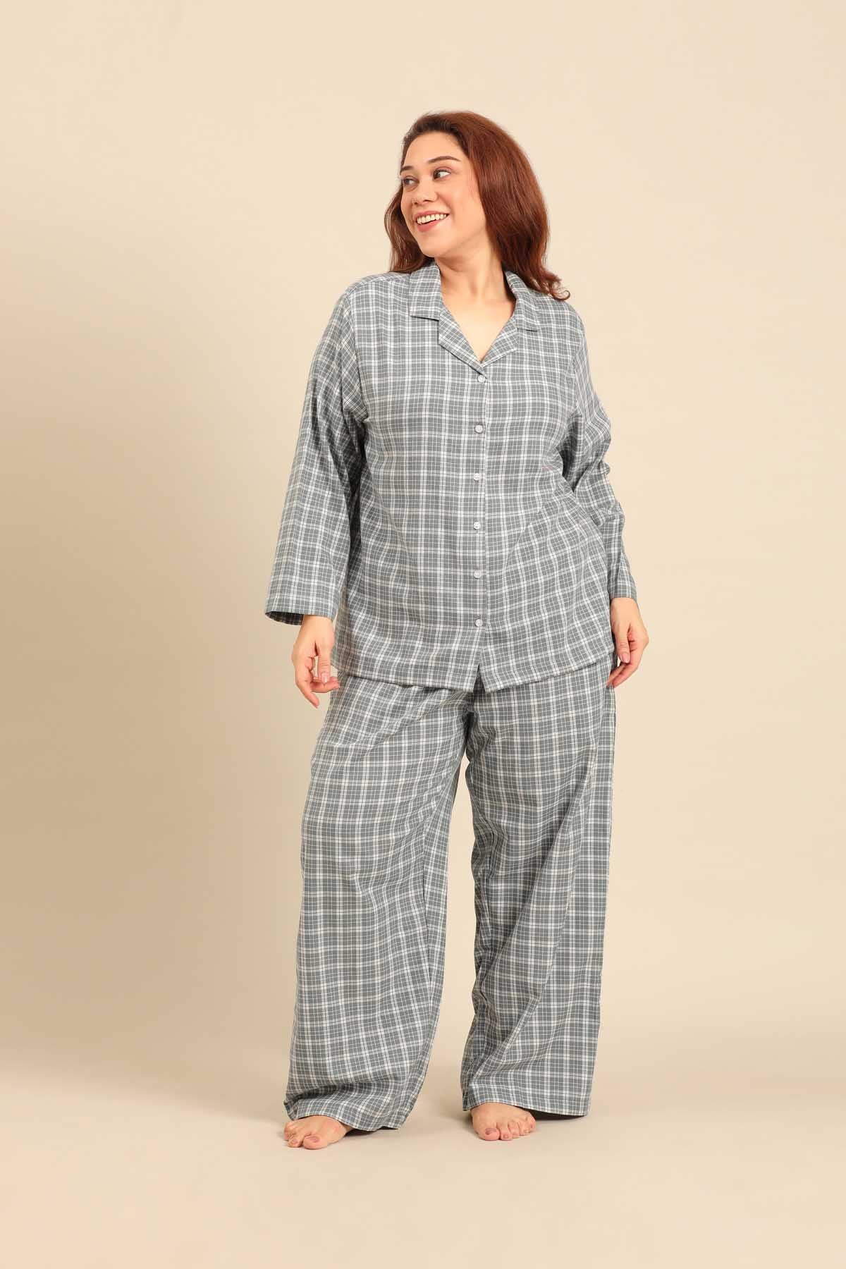 Dusty Blue Check Cotton Twill Women's Curve Pajama Set - Full Sleeves