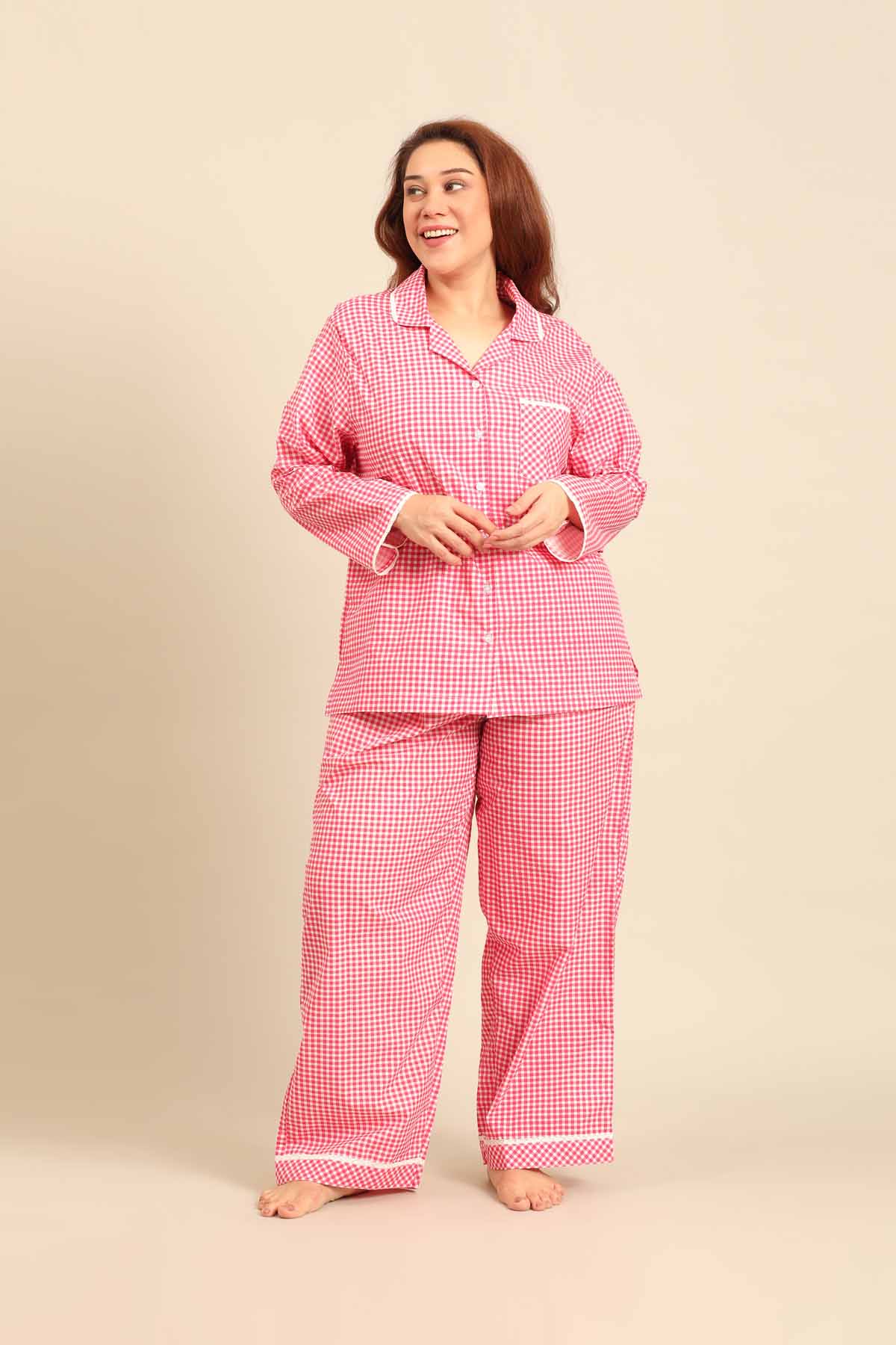 Red Gingham Check Cotton Blend Women's Curve Pajama Set - Full Sleeves