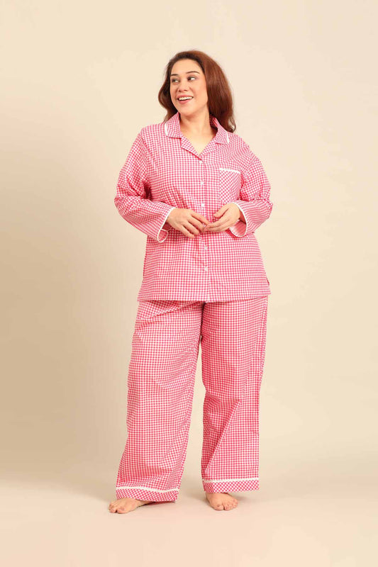 Red Gingham Check Cotton Blend Women's Curve Pajama Set - Full Sleeves