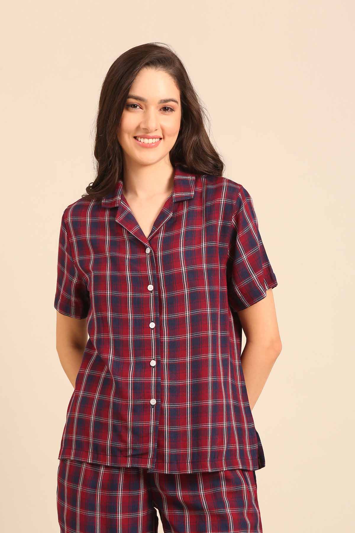 Ruby Check Cotton Women's Pajama Set- Half Sleeves