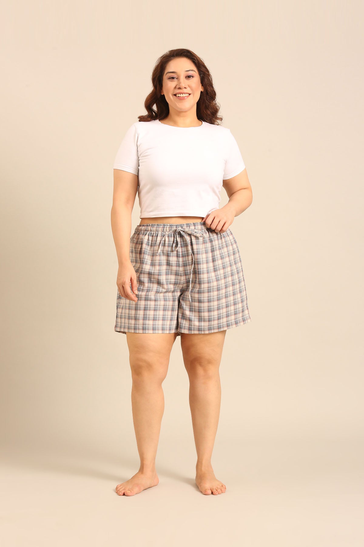 Beige Plaid Cotton Women's Curve Shorts Only