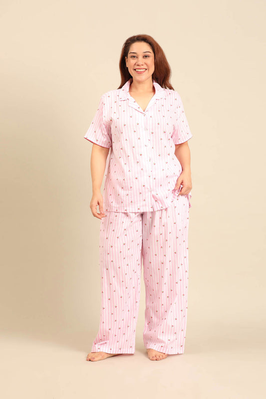 Cherry Stripe Cotton Women's Curve Pajama Set - Half Sleeves