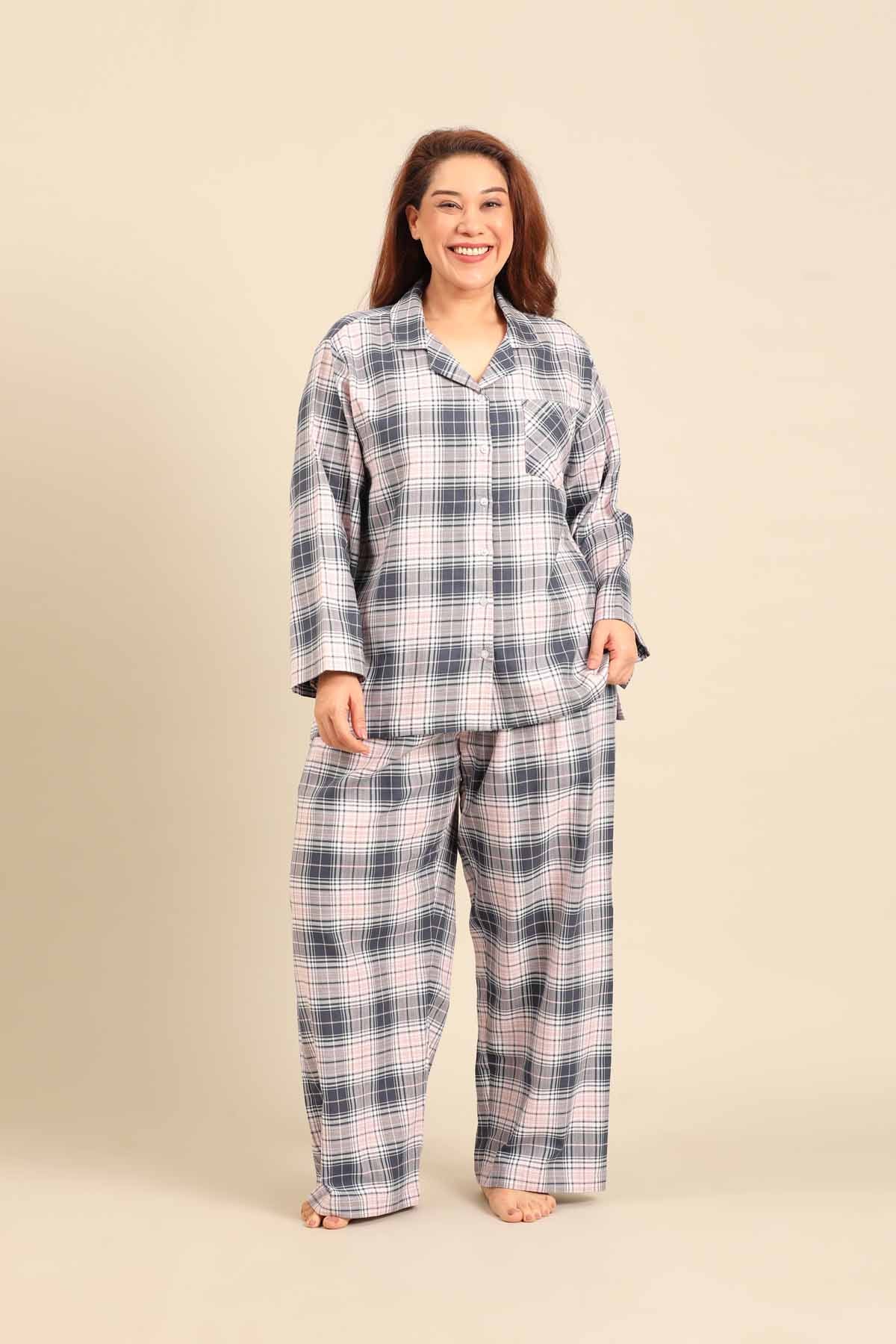 Maisie Check Cotton Twill Women's Curve Pajama Set - Full Sleeves