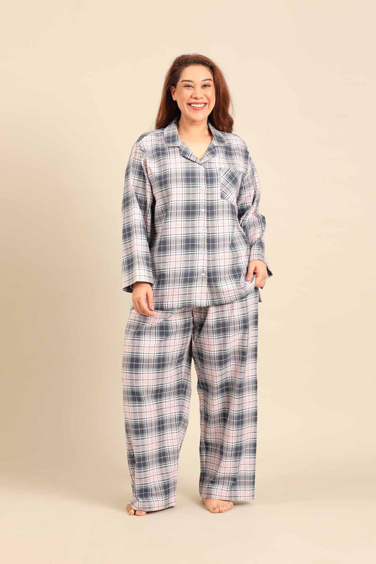 Maisie Check Cotton Twill Women's Curve Pajama Set - Full Sleeves