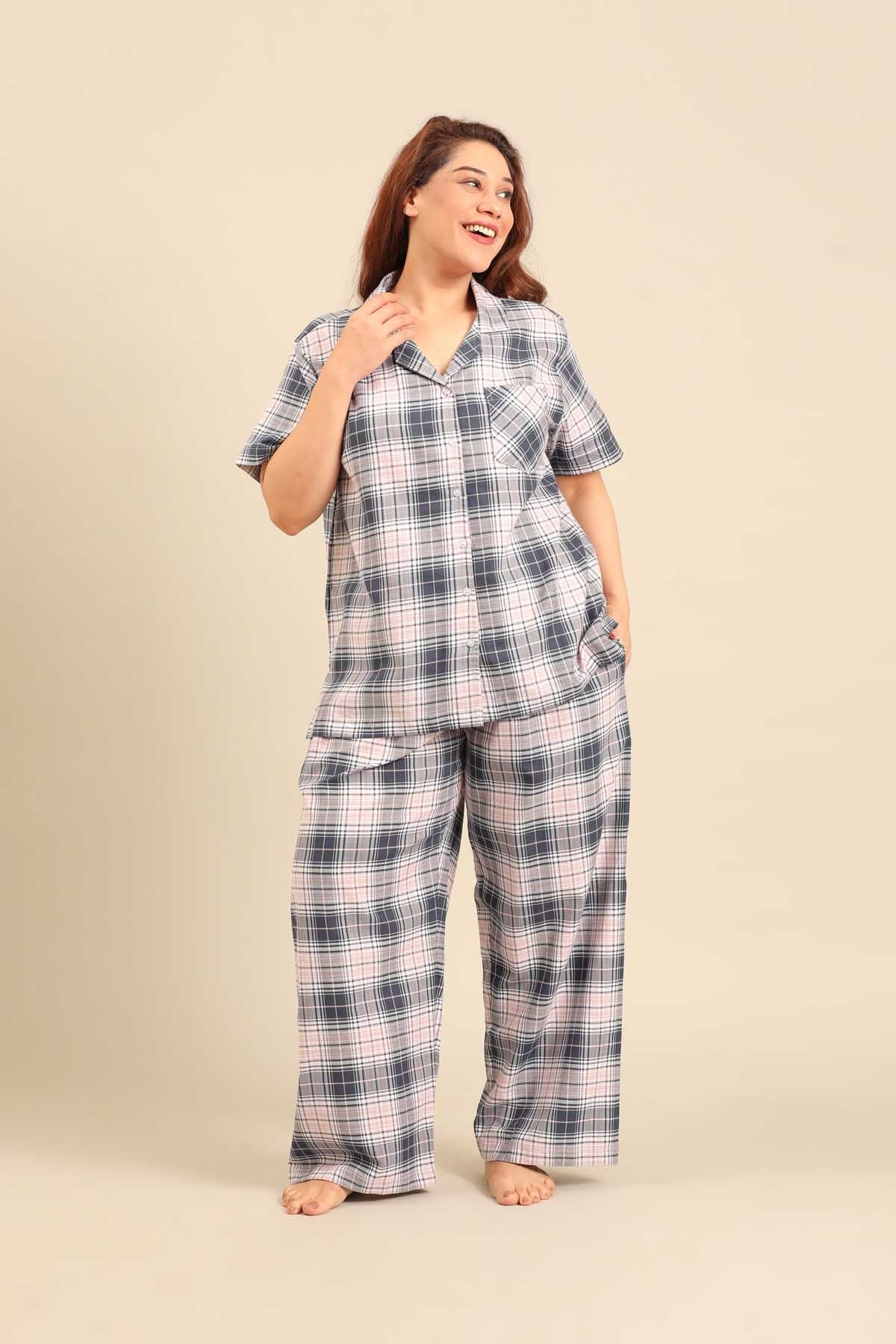 Maisie Check Cotton Twill Women's Curve Pajama Set - Half Sleeves