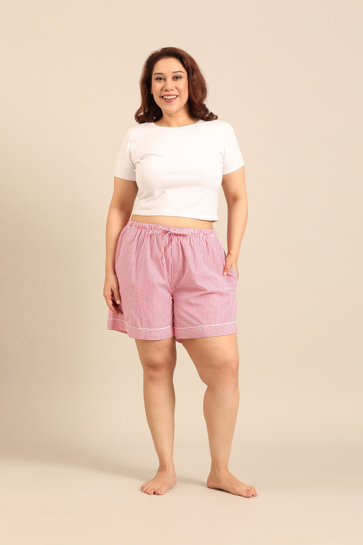 Sienna Red Pinstripe Cotton Women's Curve Shorts Only