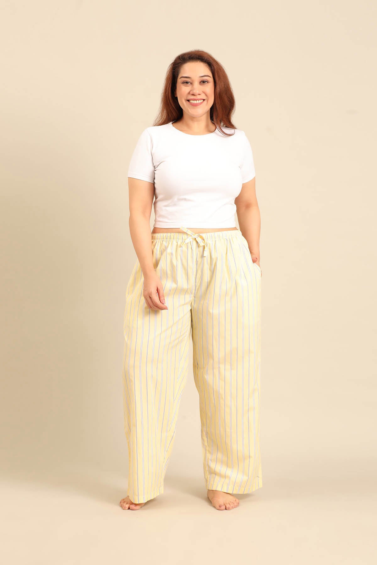 Butter Yellow Stripe Cotton Blend Women's Curve Pajama Only
