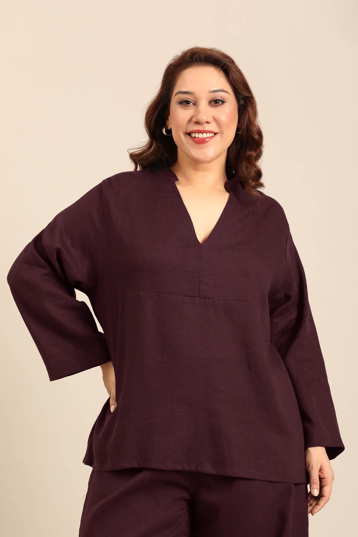 Sandra Wine Linen Blend Women's Co-ord Set