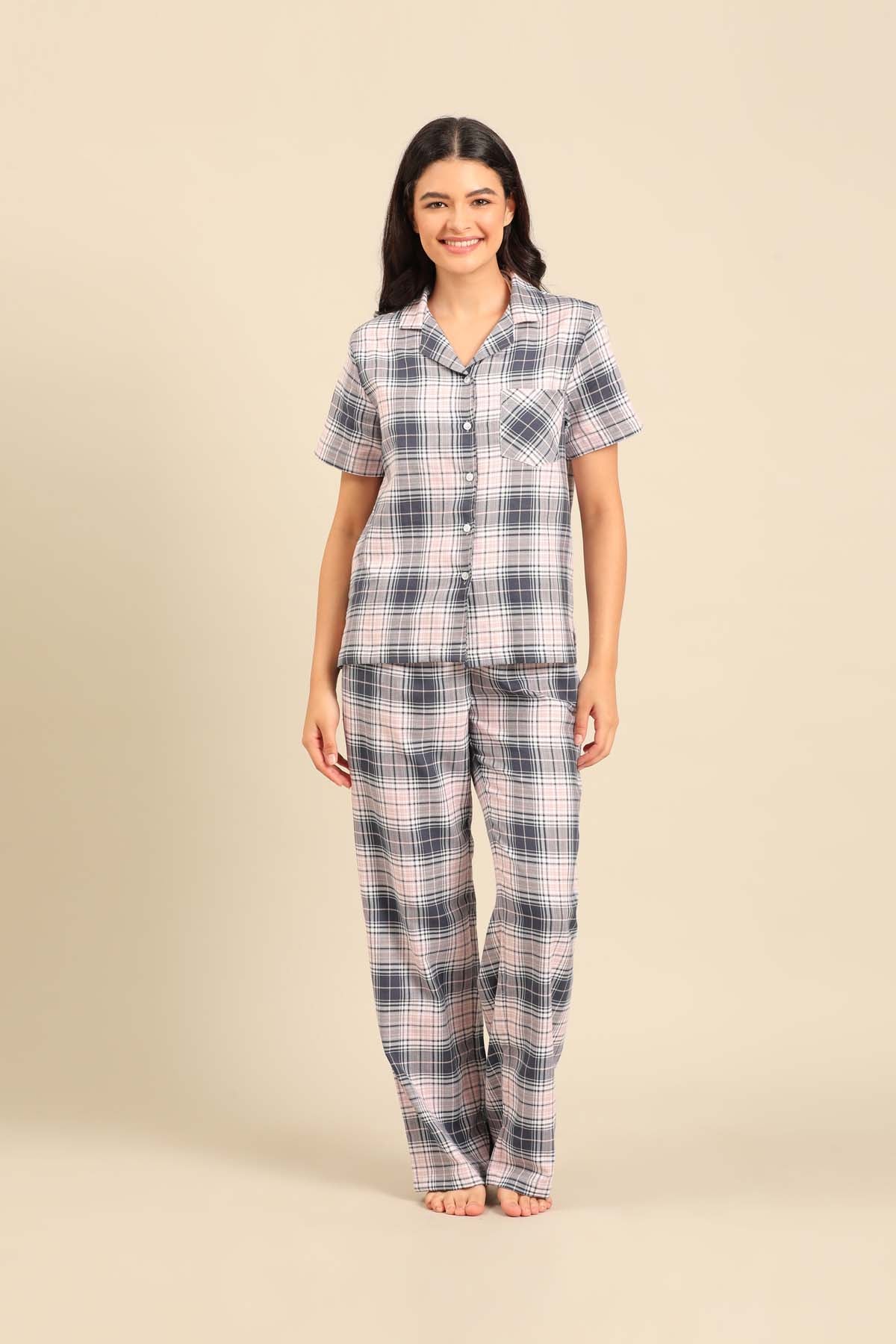 Maisie Check Cotton Twill Women's Pajama Set - Half Sleeves