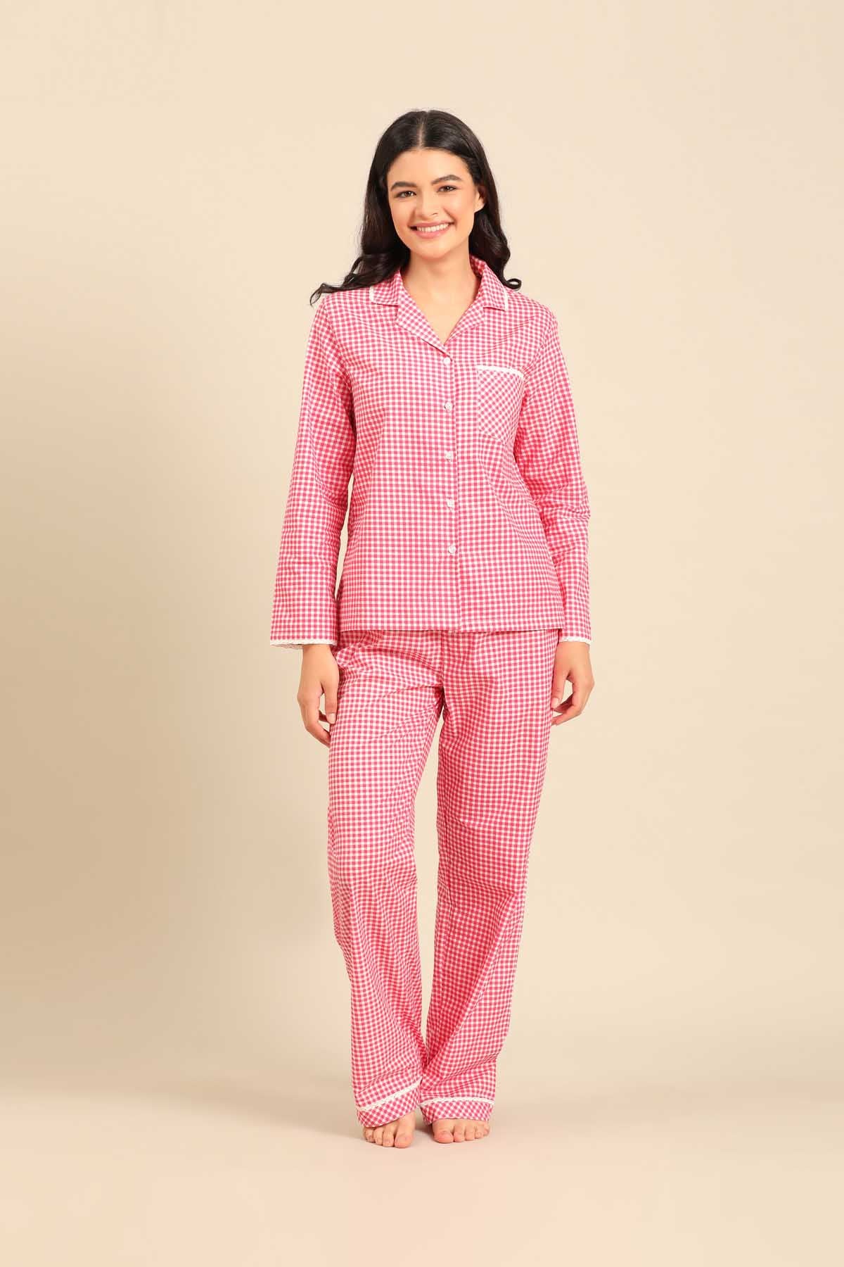 Red Gingham Check Cotton Blend Women's Pajama Set - Full Sleeves