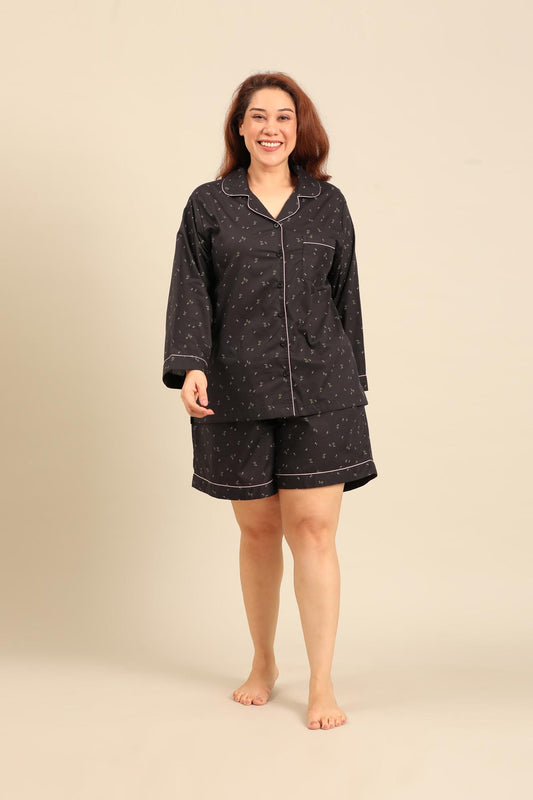Margot Floral Cotton Women's Curve Shorts Set - Full Sleeves