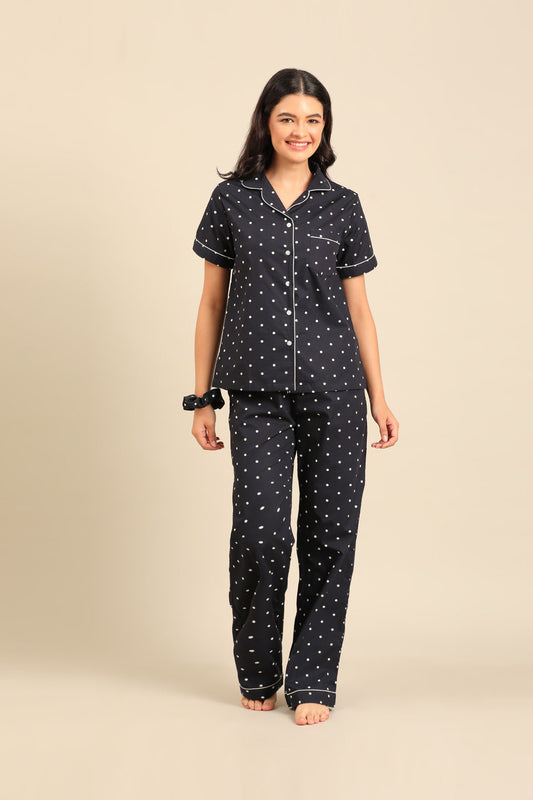 Navy Polka Cotton Blend Women's Pajama Set - Half Sleeves