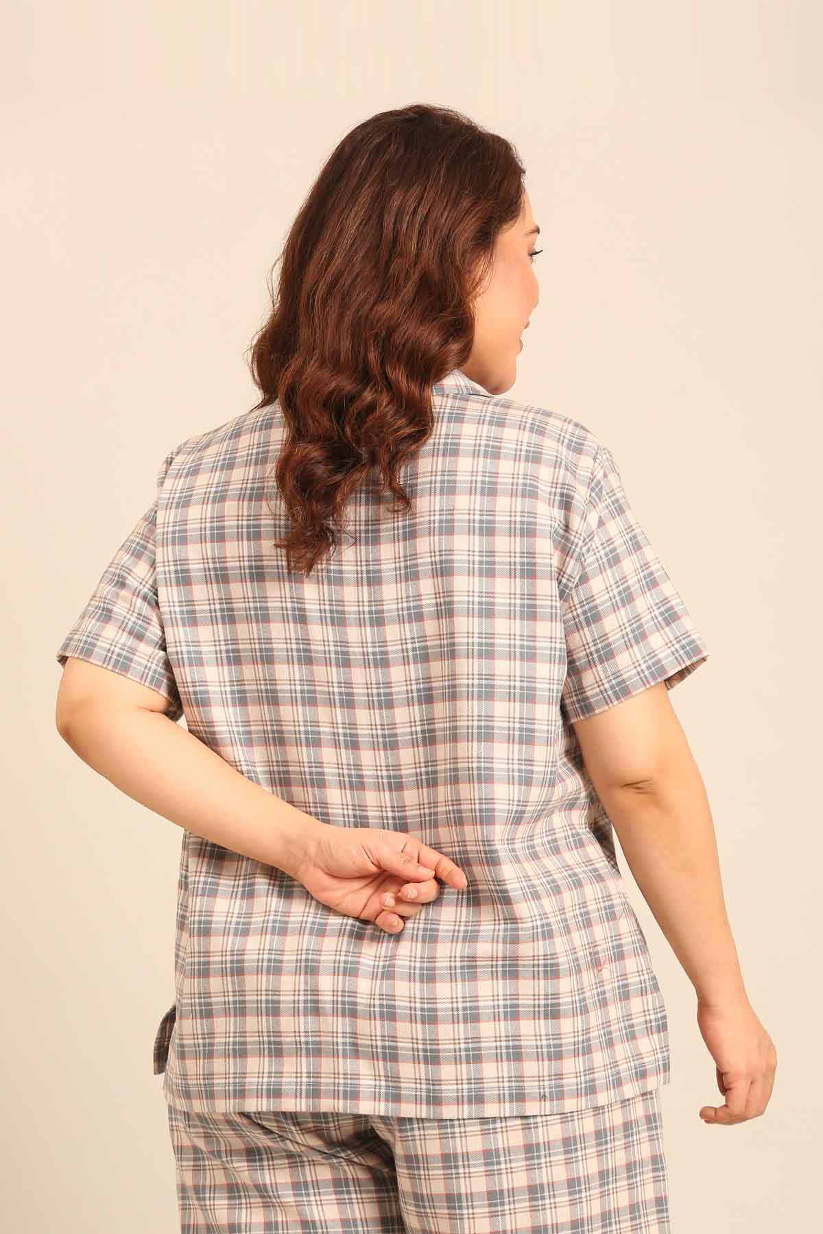 Beige Plaid Cotton Women's Curve Shirt Only - Half Sleeves