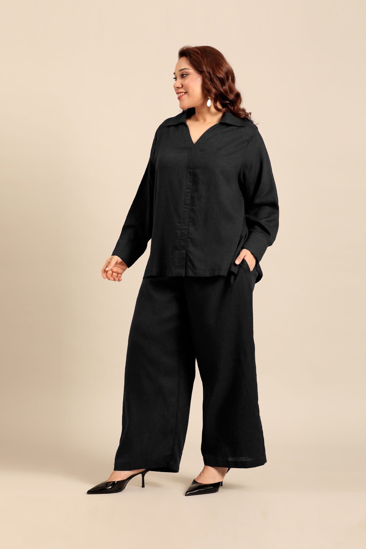 Elora Black Linen Blend Women's Co-ord Set