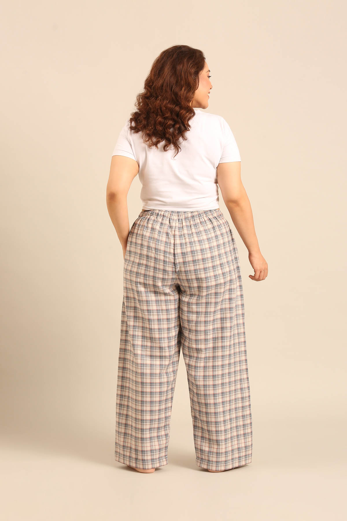 Beige Plaid Cotton Women's Curve Pajama Only