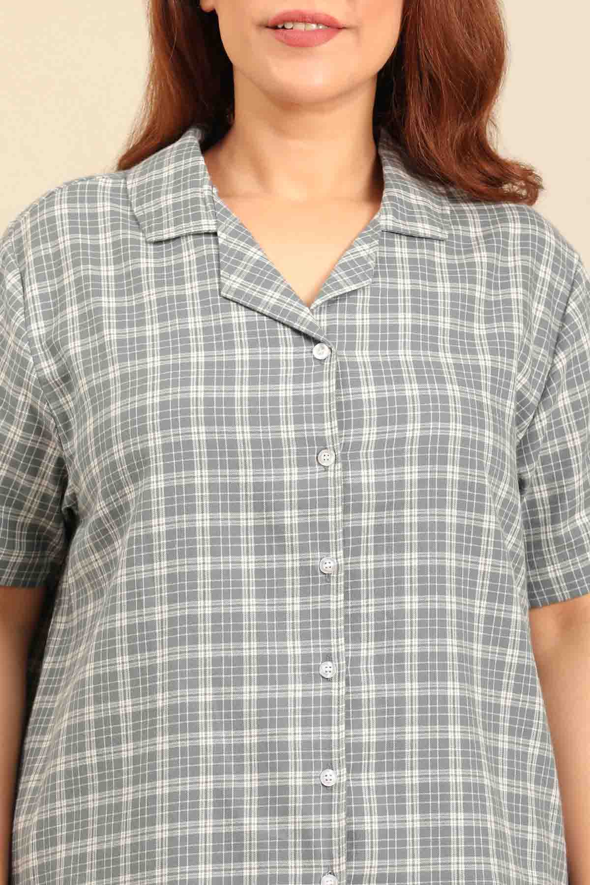 Dusty Blue Check Cotton Twill Women's Curve Pajama Set - Half Sleeves