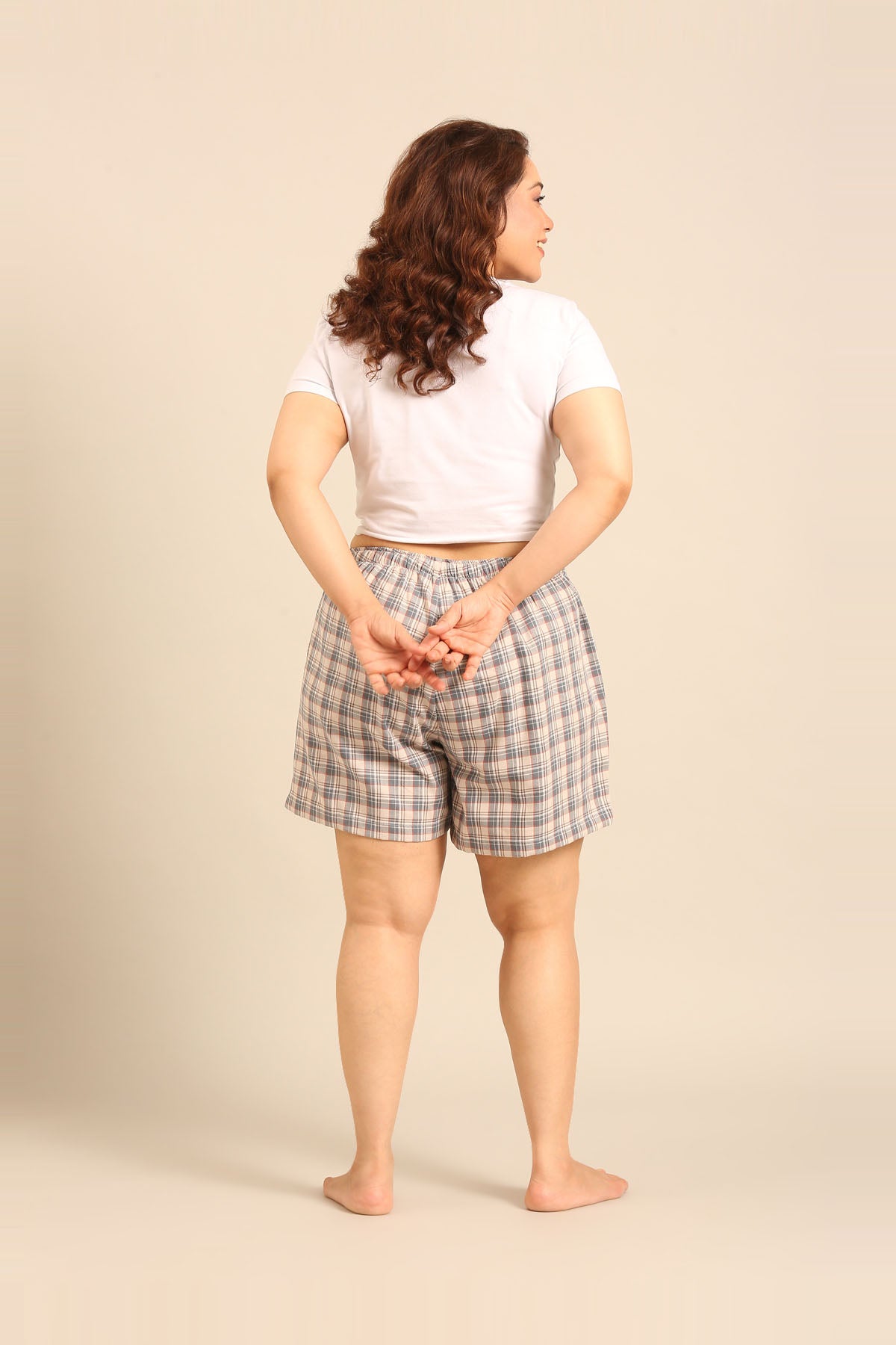 Beige Plaid Cotton Women's Curve Shorts Only